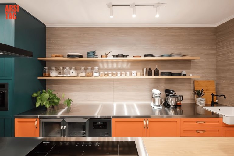 Desain dapur modern dengan warna cerah karya Iswara Studio via Arsitag