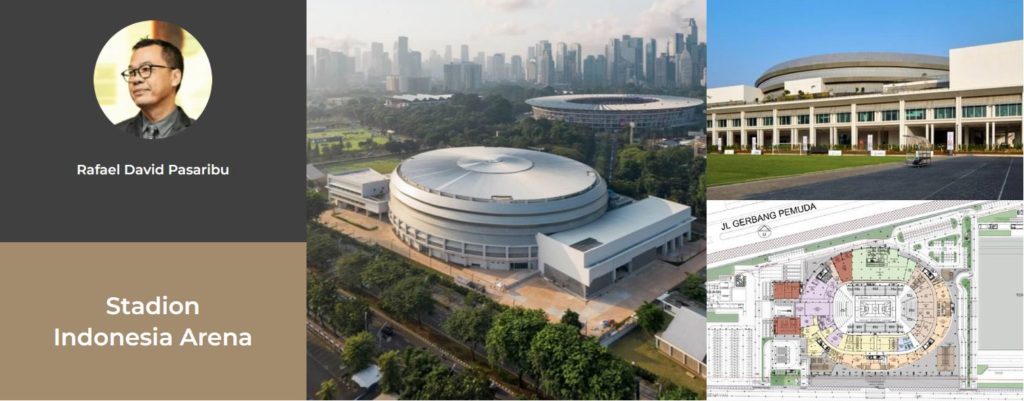 Indonesia Arena, didesain oleh Ar. Rafael David Pasaribu, IAI dan tim dari Aboday Design untuk Pemilik Bangunan PUPR & PERBASI dengan kontraktor PT Adhi Karya dan PT Nindya Karya.